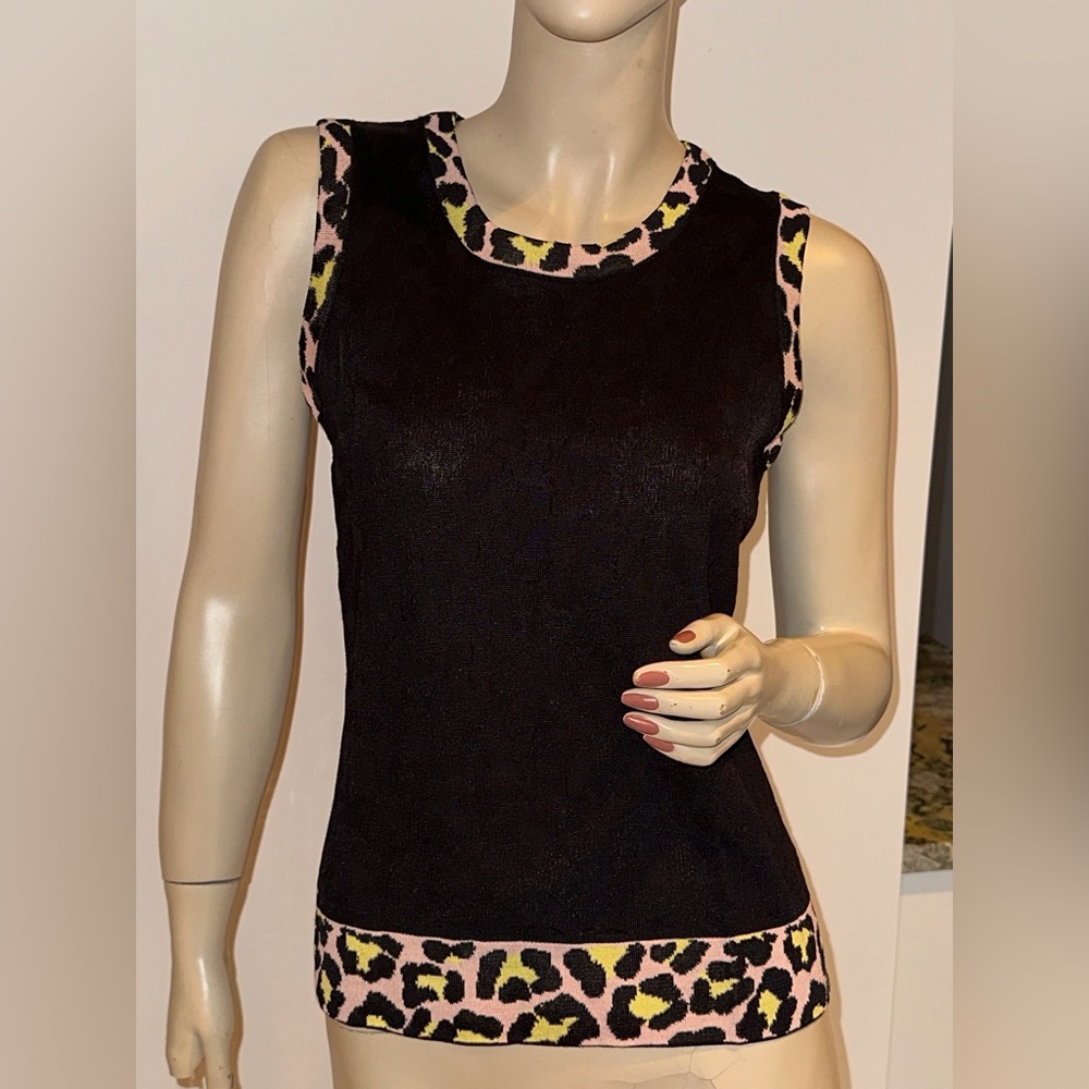 St John Black Yellow Pink Leopard Print Santana Knit Shell Tank Top P XS 2 4
